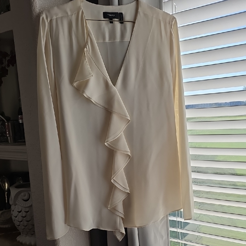 Theory Cream Ruffle Front Blouse Long Sleeve  V Neck Silk Large
